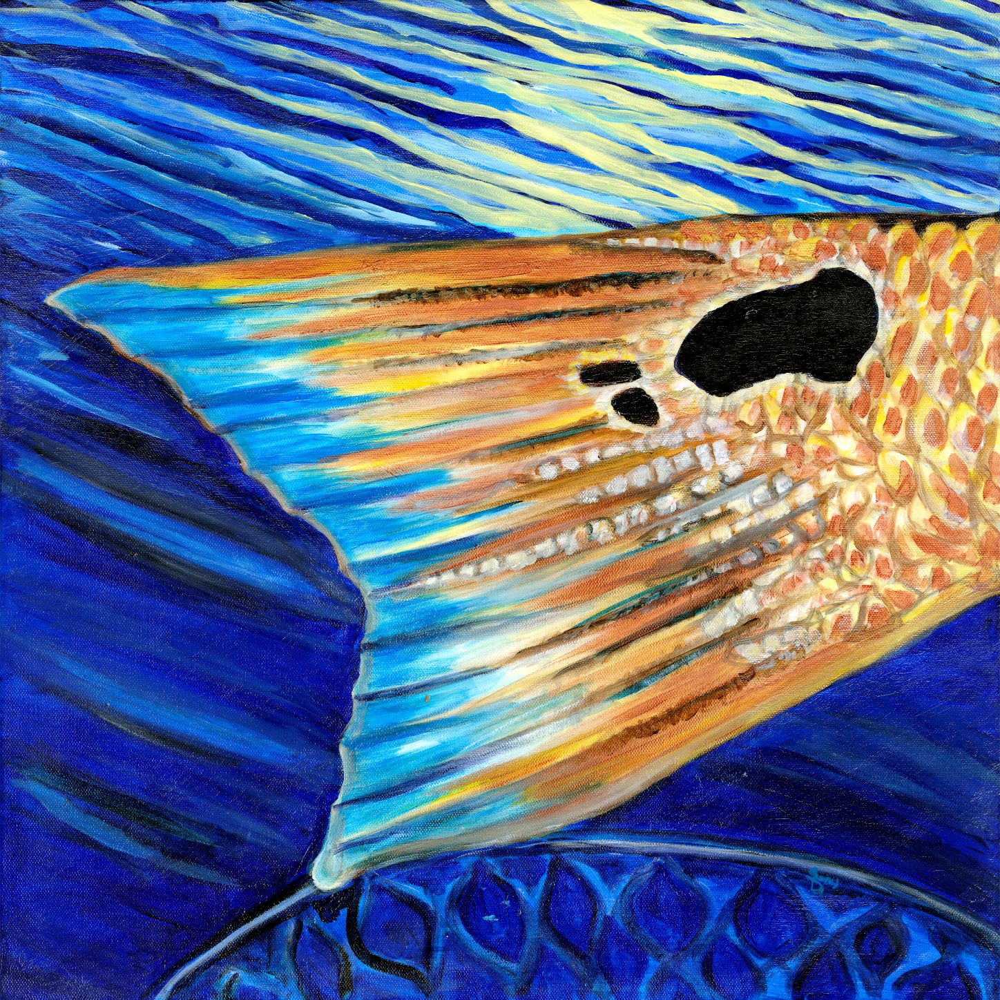 Fish Tales Told Here — close-up of a redfish tail fin in deep blue water